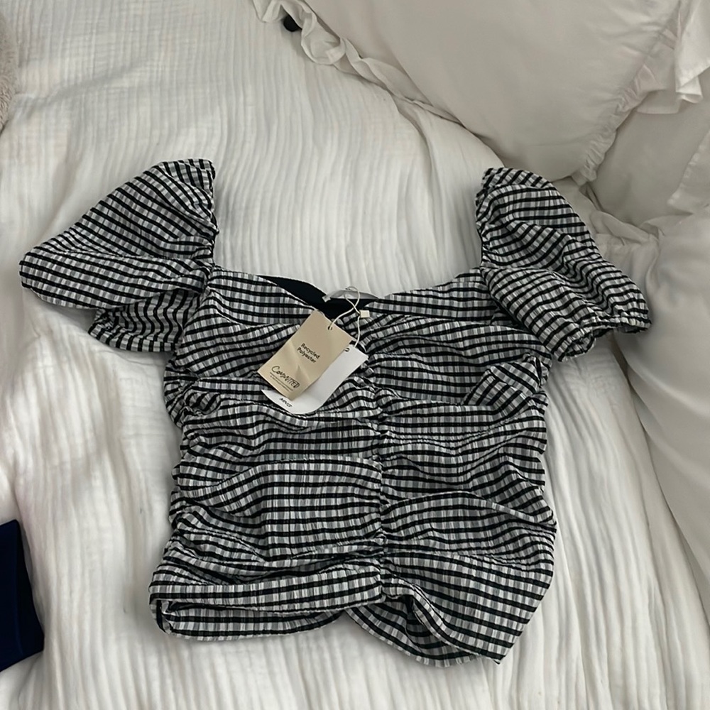 Mango Gingham Puff Sleeve Top